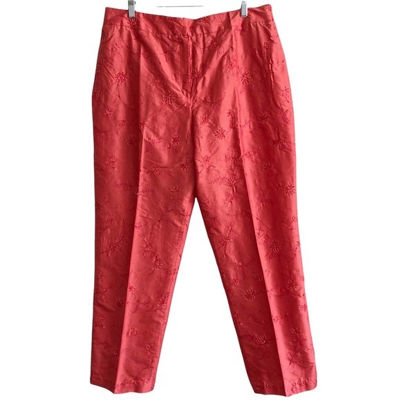 NEW Stunning Coral Silk Shantung Floral Embroidered Beaded Pants 14 - Picture 12 of 12